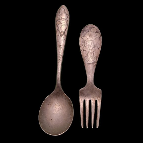 Vintage Pre-1939 Disney Silver-plated Mickey Mouse Spoon and Minnie Mouse Fork - Picture 1 of 6